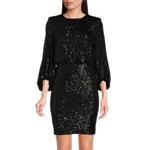 Vince Camuto Size 6 Black 3/4 Balloon Sleeve Crew Neck Sequin Dress Blousin NEW